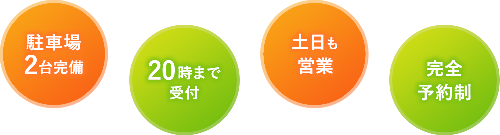 駐車場2台完備 20時まで受付 土日も営業 完全予約制