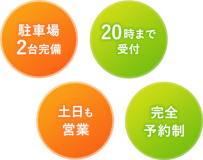 駐車場2台完備 20時まで受付 土日も営業 完全予約制